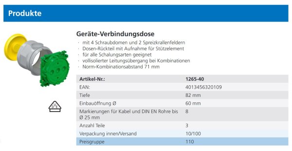 Kaiser 1265-40 Betonbau Geräte-Verbindungsdose mit Putzhaut mit Stützelementaufnahme Tiefe 82 mm 10 Stück